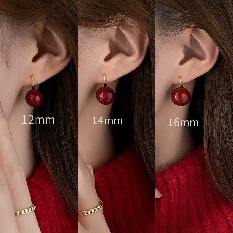Korean Red Imitation Pearl Pendant Earrings for Women Vintage Elegant Round Ball Hook Earring Statement Jewelry Accessories Gift