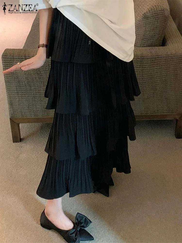

Elegant Women Summer Maxi Skirts ZANZEA Pleated Cake Skirt 2025 Fashion High Waist Solid Color Ruffled Casual Loose Long Bottoms