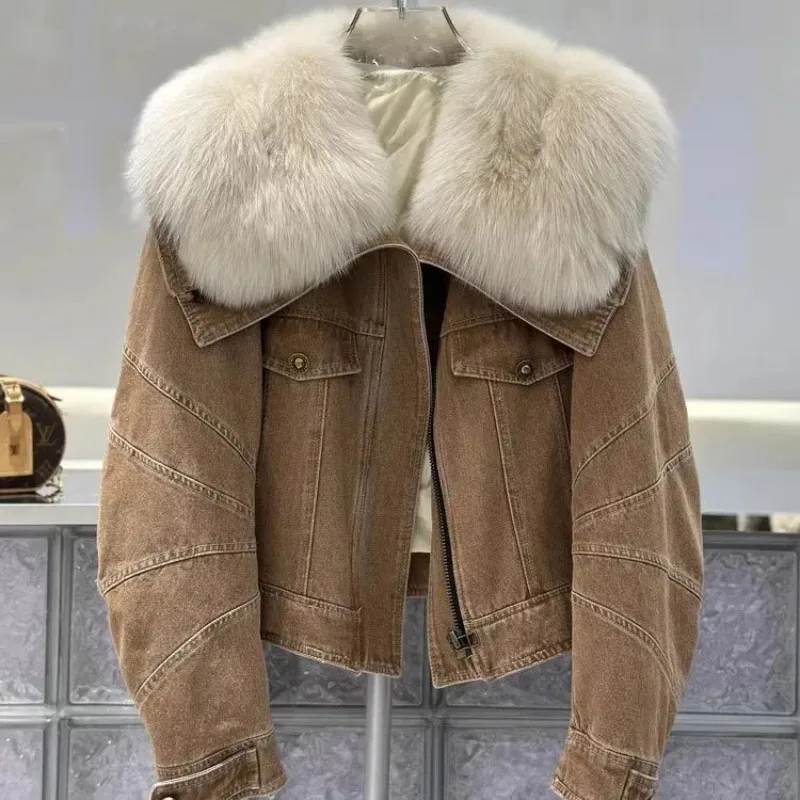 Autumn 2024 Winter New Faux Fox Fur Denim Fur Jacket Women\'s Short Overcoat Fashion Loose Warm Parker Coat Short Cotton jacket