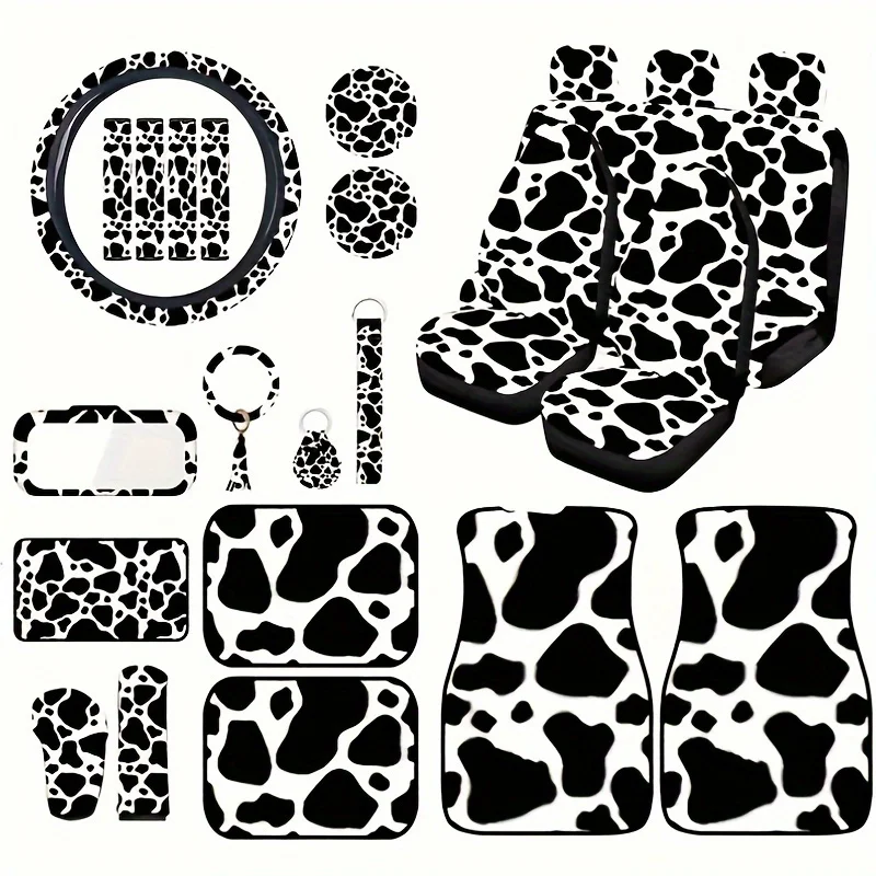 

25pcs Set of Leopard-Themed Car Additions Including Seat Covers, Steering Wheel Cover, License Plate Frame, And Rearview Mirro