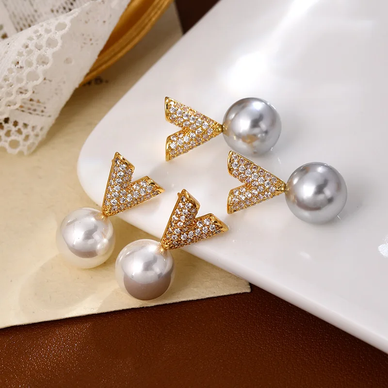 

V Initial Earrings – Minimalist Pearl & Zircon Studs with Silver Posts Dainty Letter Jewelry Elegant Everyday Earrings 2025