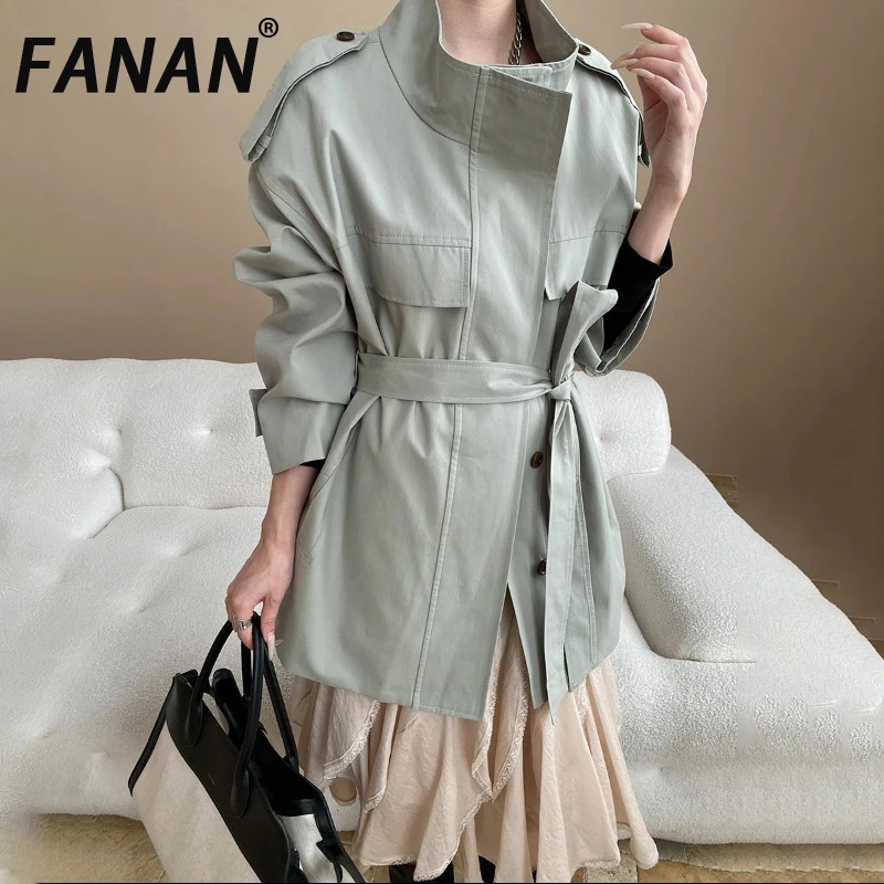 

FANAN French Style Stand Neck Trench For Women Solid Belt Gathered Waist Office Lady Windbreaker Fashion Coats 2025 Autumn New