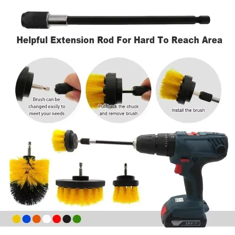 Electric Scrubber Brush Drill Brush Kit Power Drills Scrubber Brush & Rod  For Carpet Glass Car Tires Nylon Brushes 2/3.5/4''