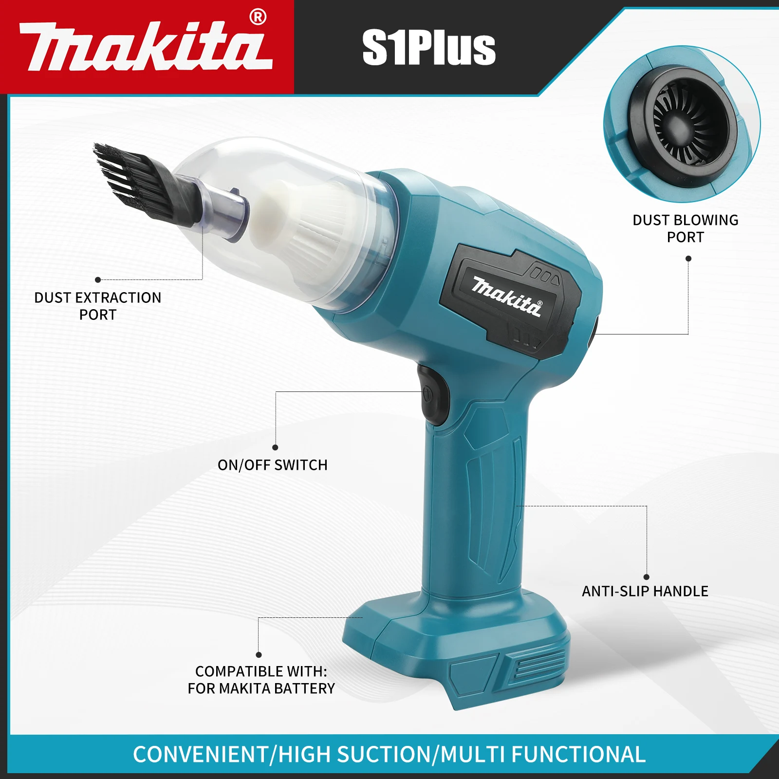 Makita Forte Aspirazione Mini Aspirapolvere Elettrico Senza Fili Tenuto In Mano Pulitore Domestico Ventilatore Con 7 Nozzeli per Makita 18V Batteria