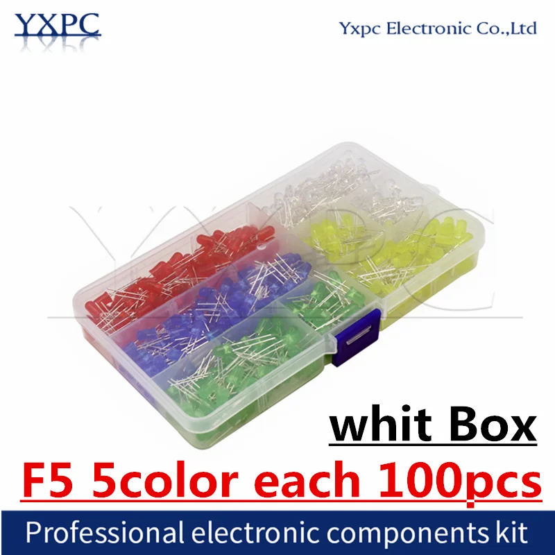 5color*100pcs=500PCS F5 5MM LED Diode Kit Mixed Color Red Green Yellow Blue White + BOX