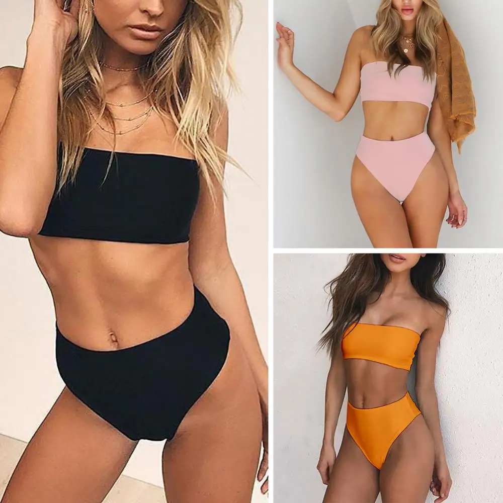 

Solid Color Bikini Women Swimwear Sexy High Waist Tube Top Bandeau Panties Set suitable for summer wear on beach