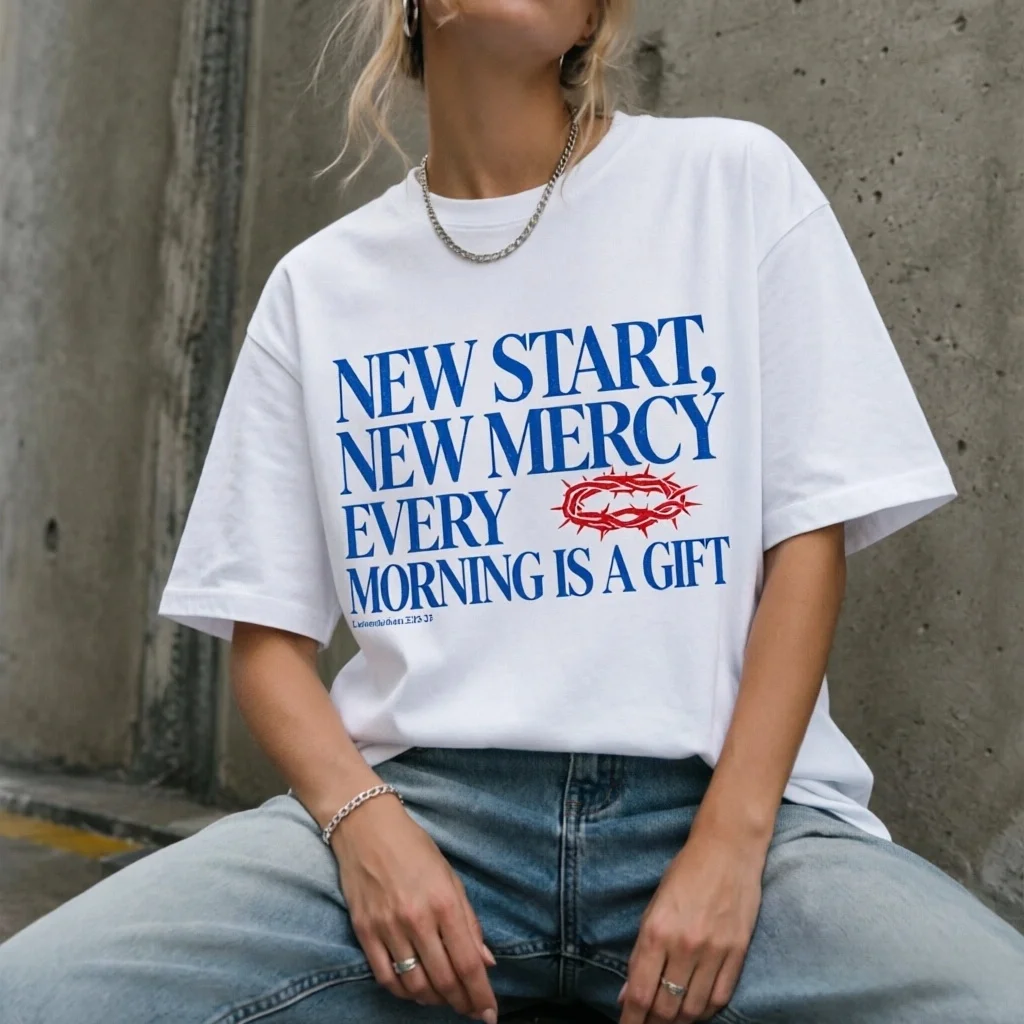 Women's New Start New Mercy Every Morning Is A Gift Thorn Crown Faith Quote Graphic T Shirt Religious Short Sleeve Casual Tee