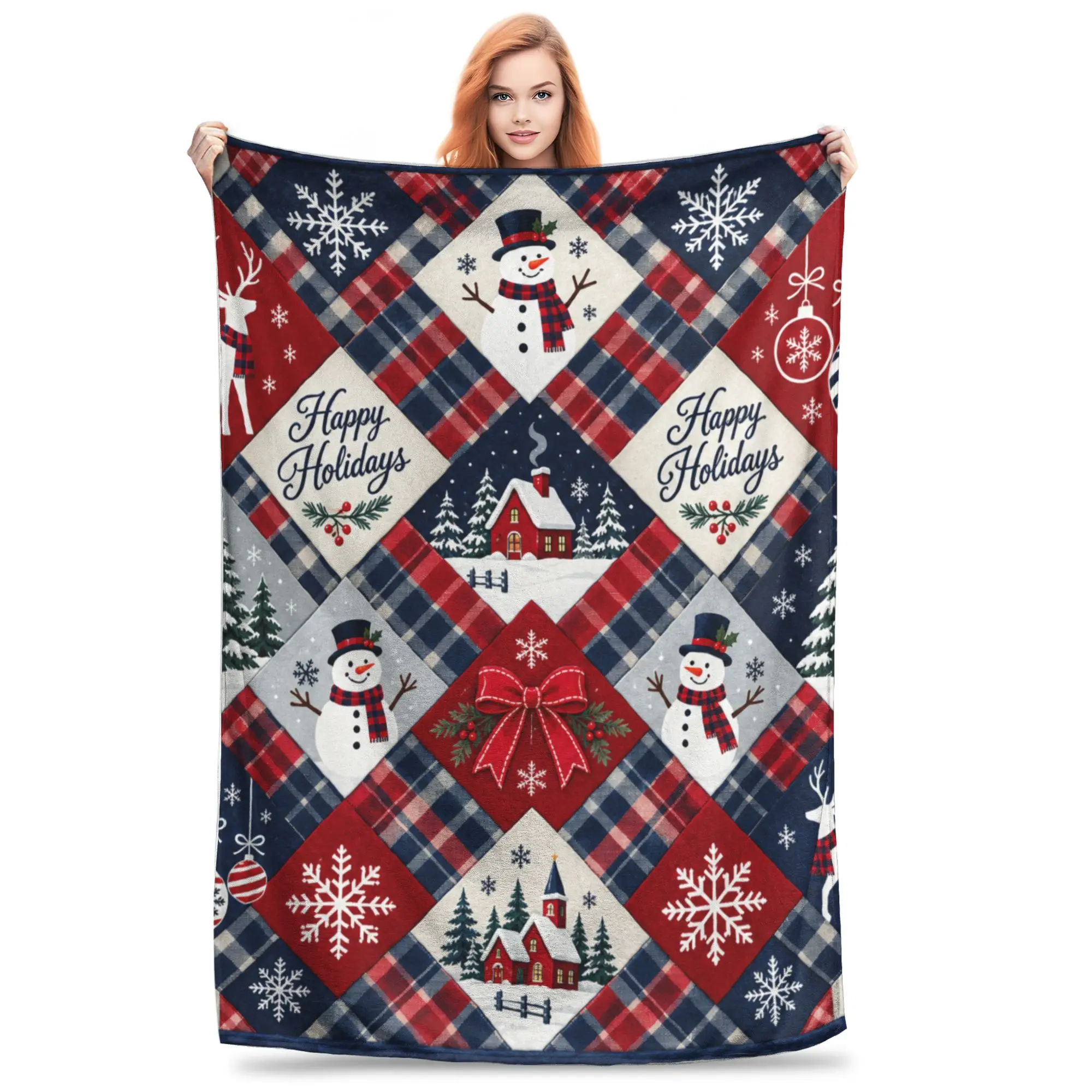 1PC Home Blue Red Plaid Xmas Quilt Christmas Theme Santa Claus Snowman And Elk Blanket Throw Super Cosy Plush Living Room Sofa