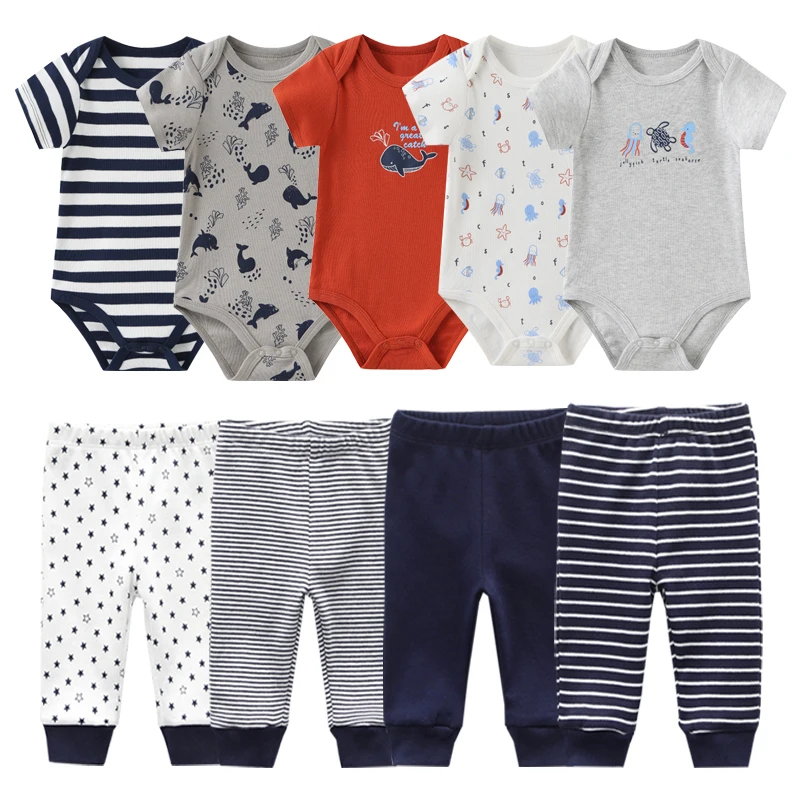 Unisex 6/9/10Pieces Cotton Bodysuits+Pants Newborn Baby Girl Clothes Print Baby Boy Clothes Sets Short Sleeve Bebes