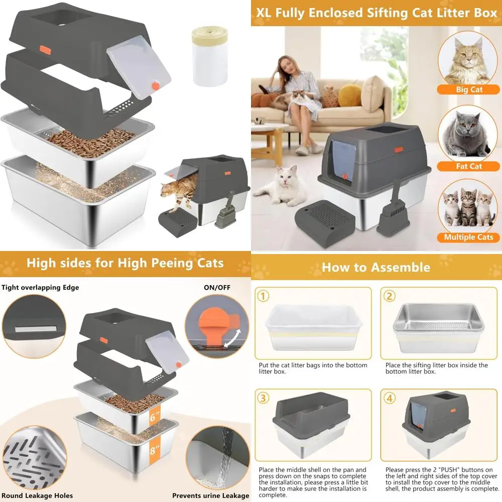 

4-in-1 Enclosed Metal Cat Litter Box with Removable Screen Mesh for Easy Sifting and Cleaning