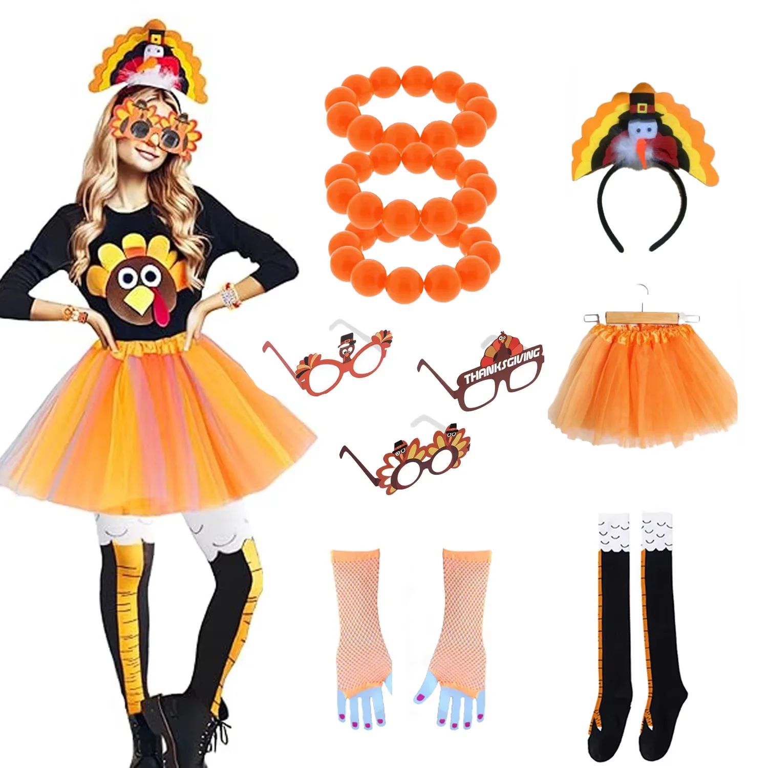 PESENAR Thanksgiving Türkei Kostüm Set Thanksgiving Tutus Türkei Gesicht T-Shirt Trot Hat Socken für den Urlaub