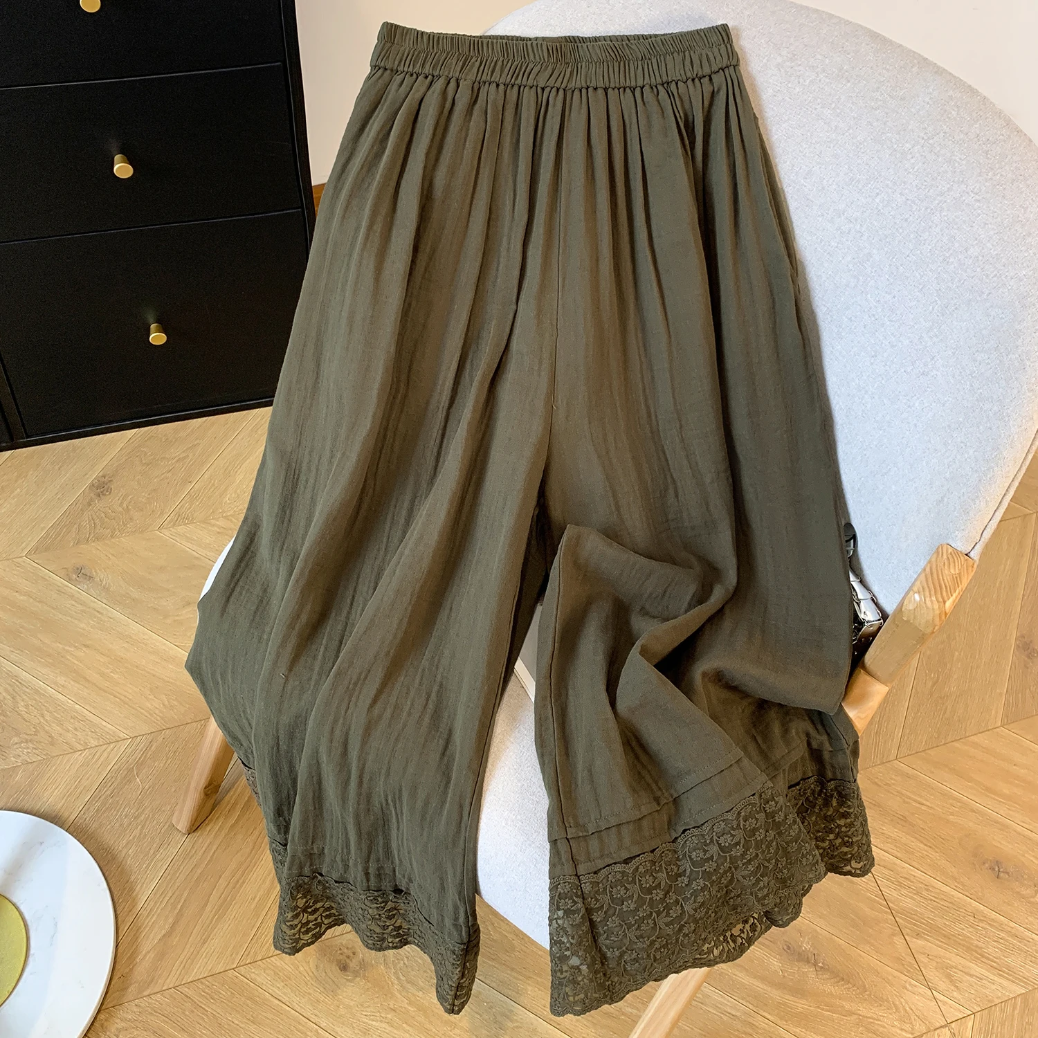 Sommer Neue Bequeme Casual Vielseitige Farbe Baumwolle Tead Spitze Hosen Elastische Taille Breite Bein Hosen Bein Verlängerung Wirkung
