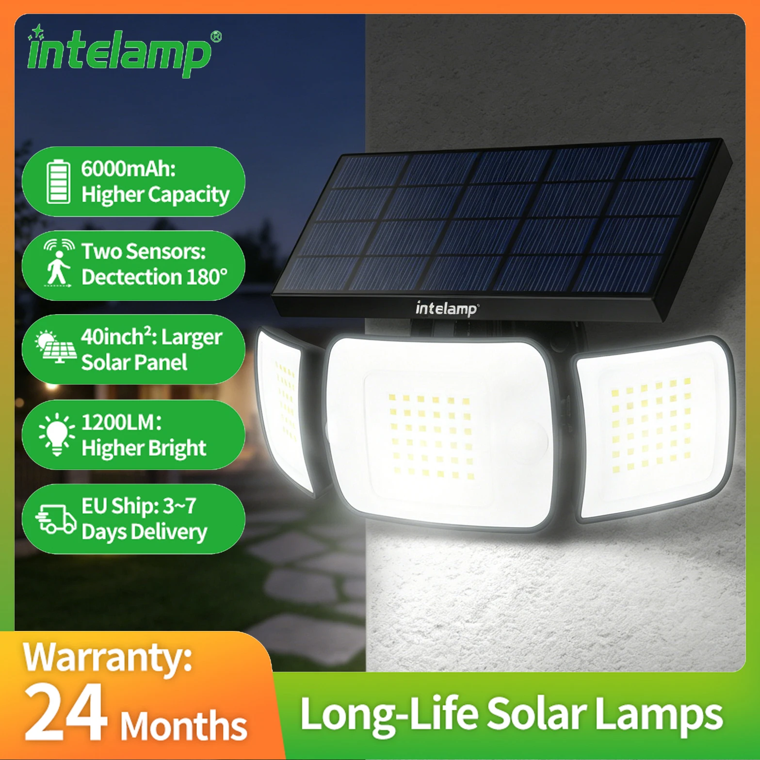 Intelamp Projecteur solaire 4000 mAh, grande batterie, IP65, avec 3 modes, double capteur de mouvement, 6500K, lampes solaires pour jardin, garage lampe extérieur solaire lampe solaire extérieur détecteur projecteur