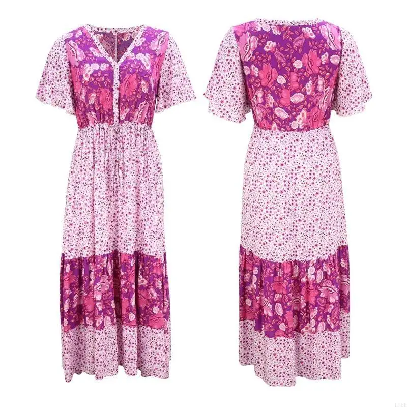 l38e-abito-longuette-midi-da-donna-con-scollo-a-v-floreale-a-maniche-corte-con-volant-e-orlo-pieghettato