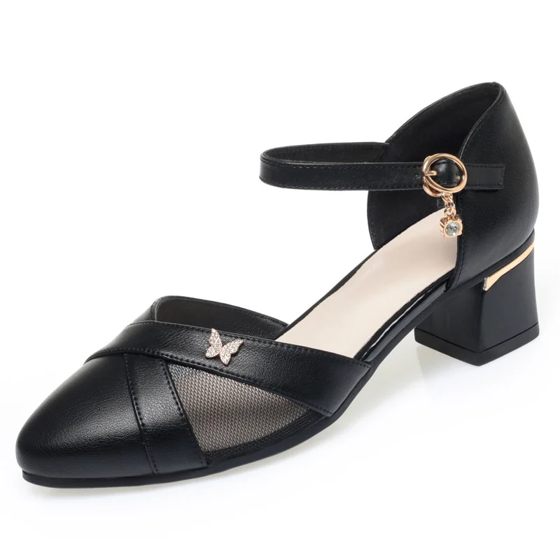 2024 新ファッション夏のバックルストラップの女性のサンダルポインテッドトゥスクエアヒールパンプスソフトソールつま先キャップマザーサンダル