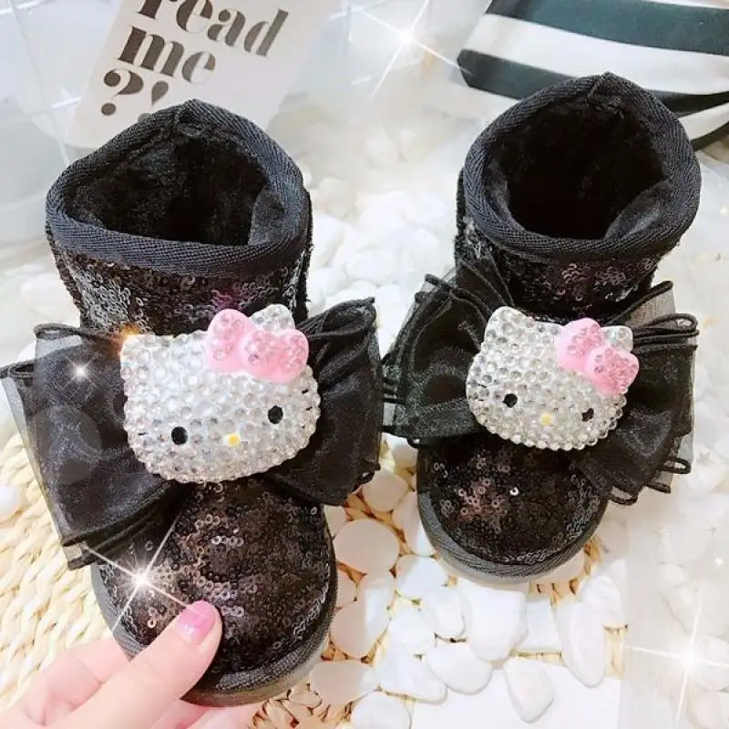 Cartoon Hello Kittys Girls Snowboots Sequin Kawaii Sanrios Autumn Winter Children's Velvet Cotton Shoes Outdoor Warmth Snowshoe