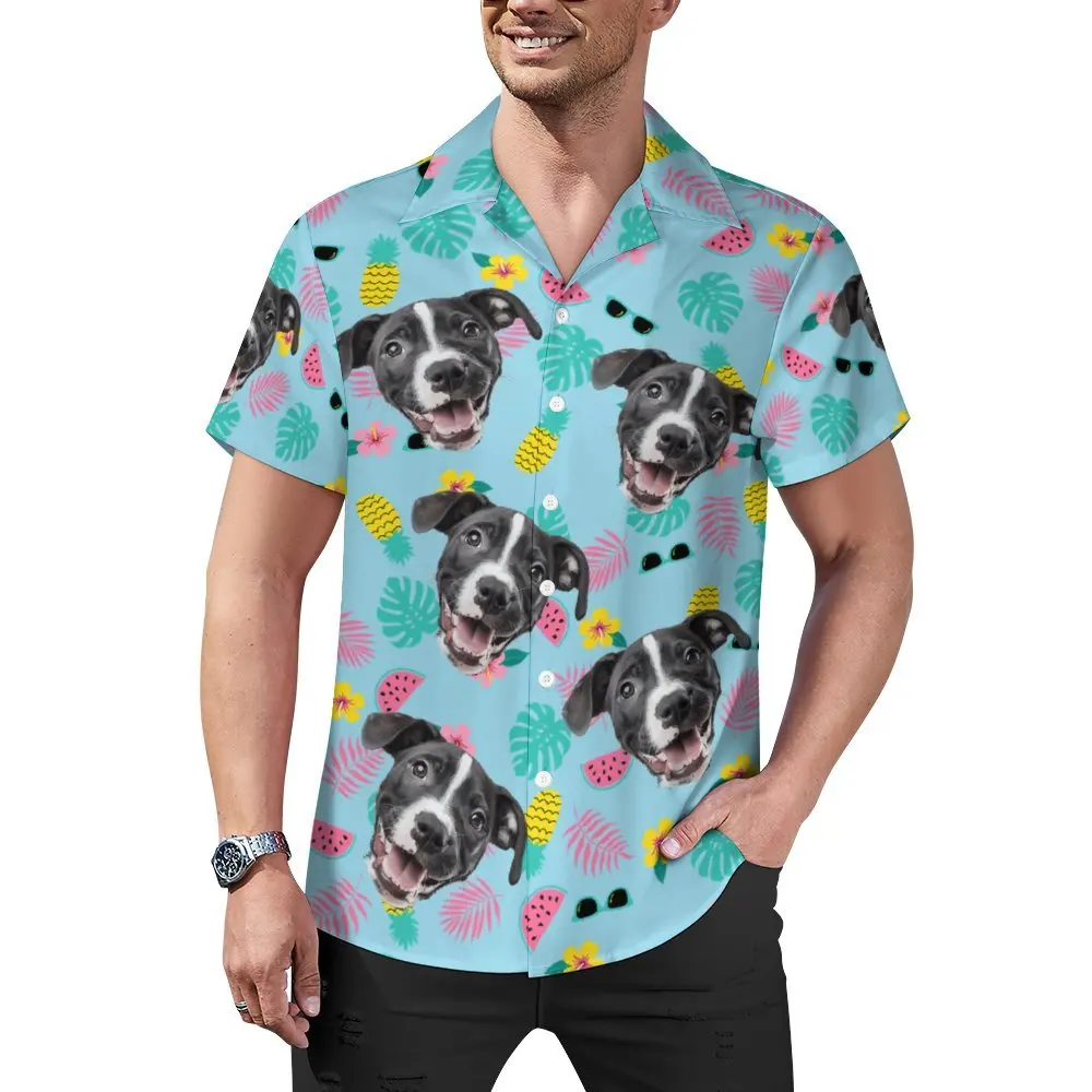 

Men's Summer Shirt, Fun Dog & Tropical Motif Print Short Sleeve, Ideal for Beach Parties and Vacations Casual Shirt