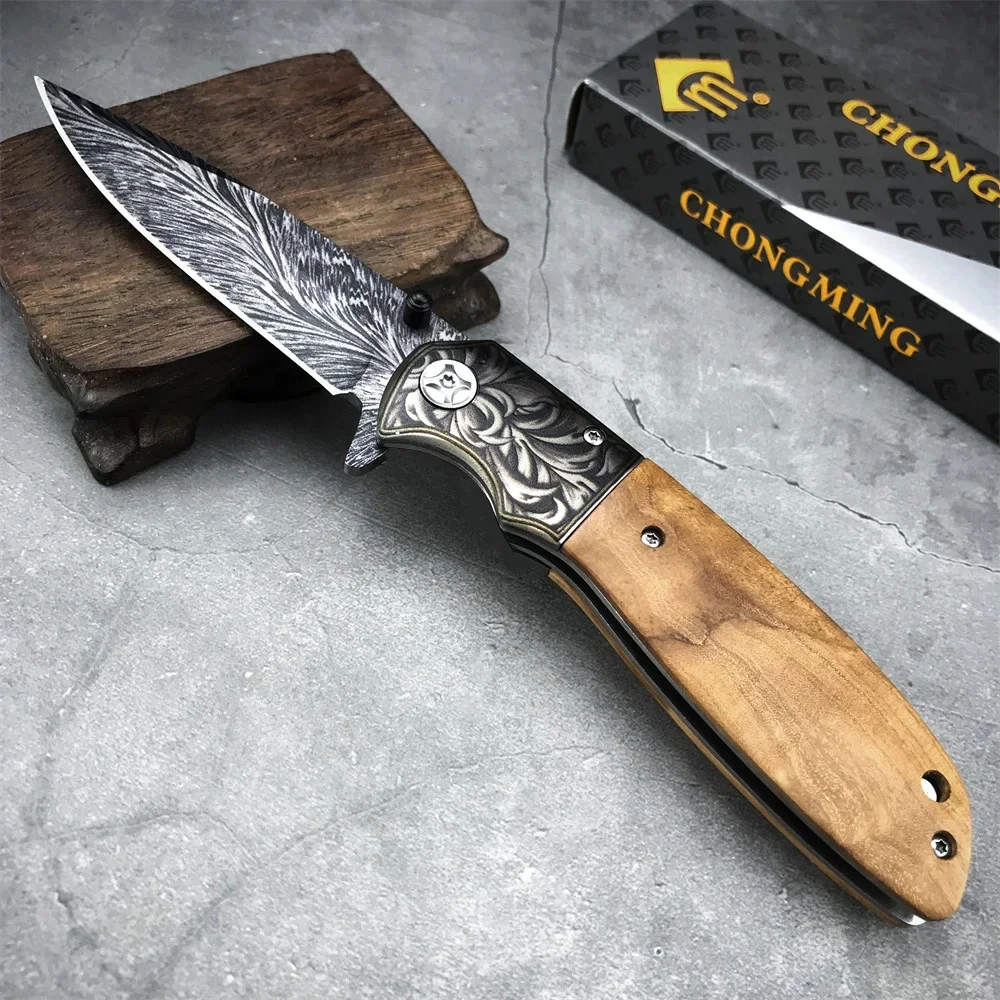 

Feather Pattern Blade Wood Handle Tactical Folding Knife Speedsafe Assisted Outdoor Hunting Camping Pocket Everyday Carry Knife