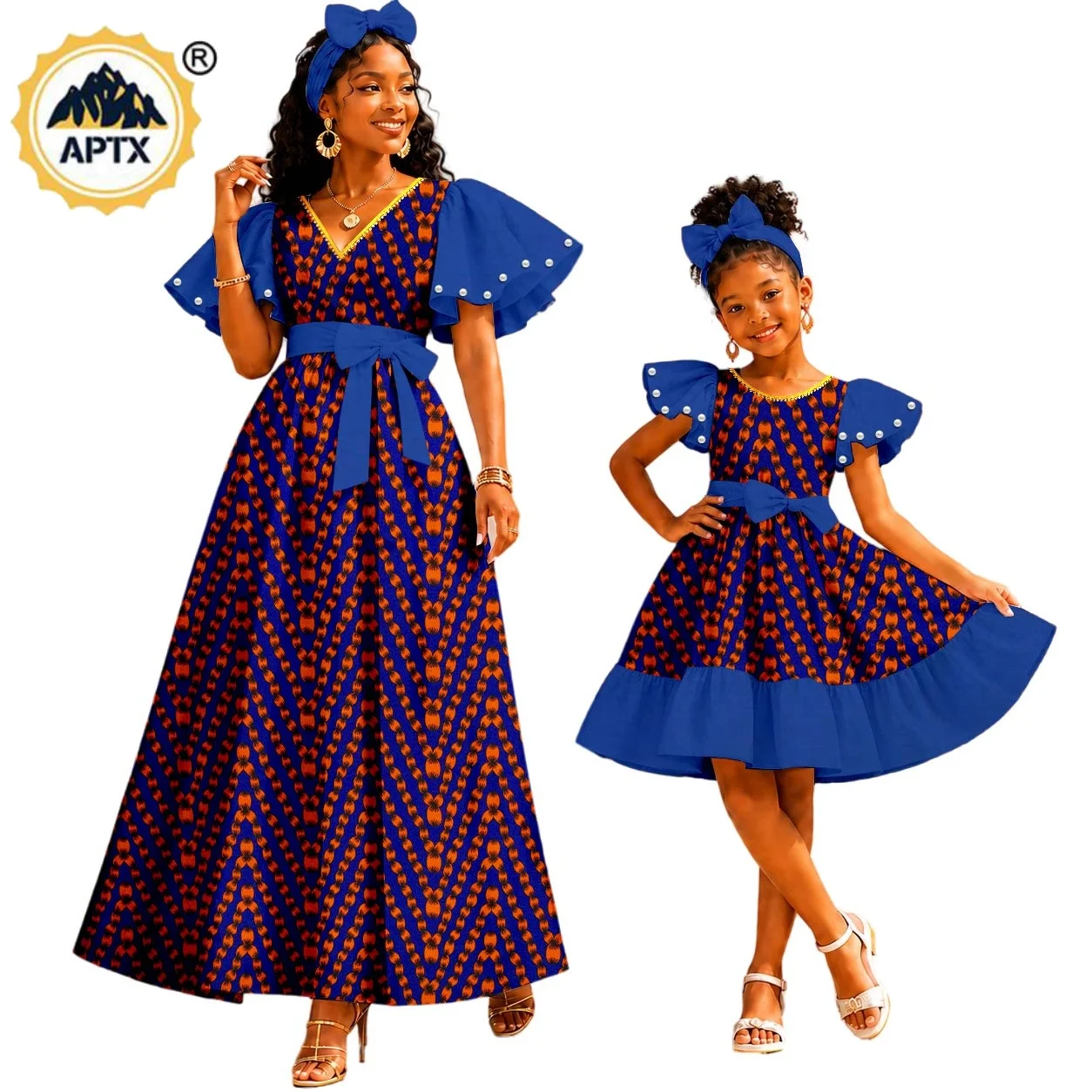 African Clothes for Family Women V-neck Long Dresses Matching Dashiki Girls Dresses Bazin Riche Mom and Daughter Outfits 26F014