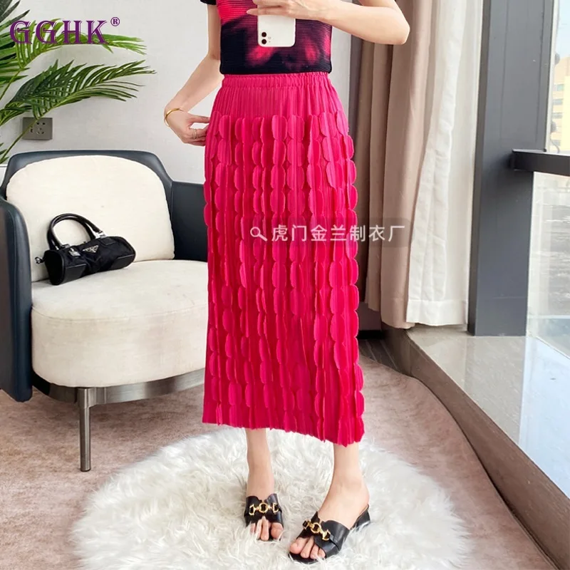 GGHK Pleated Women Half Skirt Pure Color High Waist Casual Design Korean Female 2024 Summer New Skirt Plus Size Women Clothing