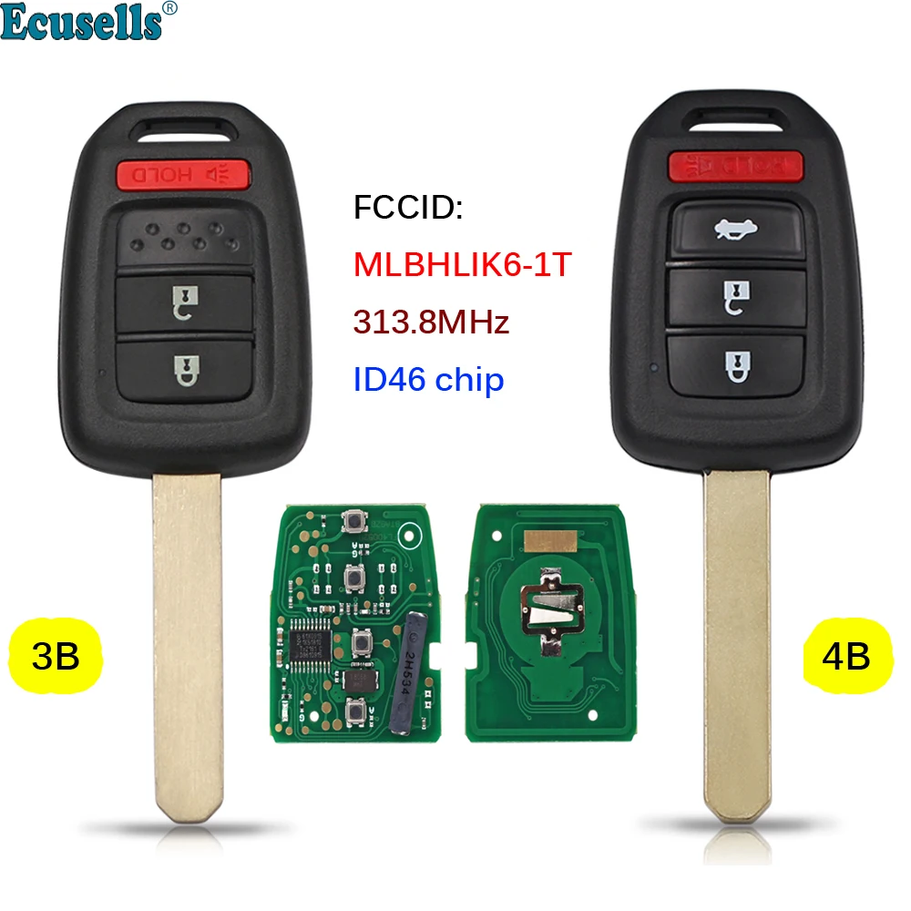 

Ecusells New Remote Key Fob 2+1/3+1 Buttons 313.8mhz ID46 Chip for Honda Civic Accord CR-V 2013-2015 FCCID:MLBHLIK6-1T