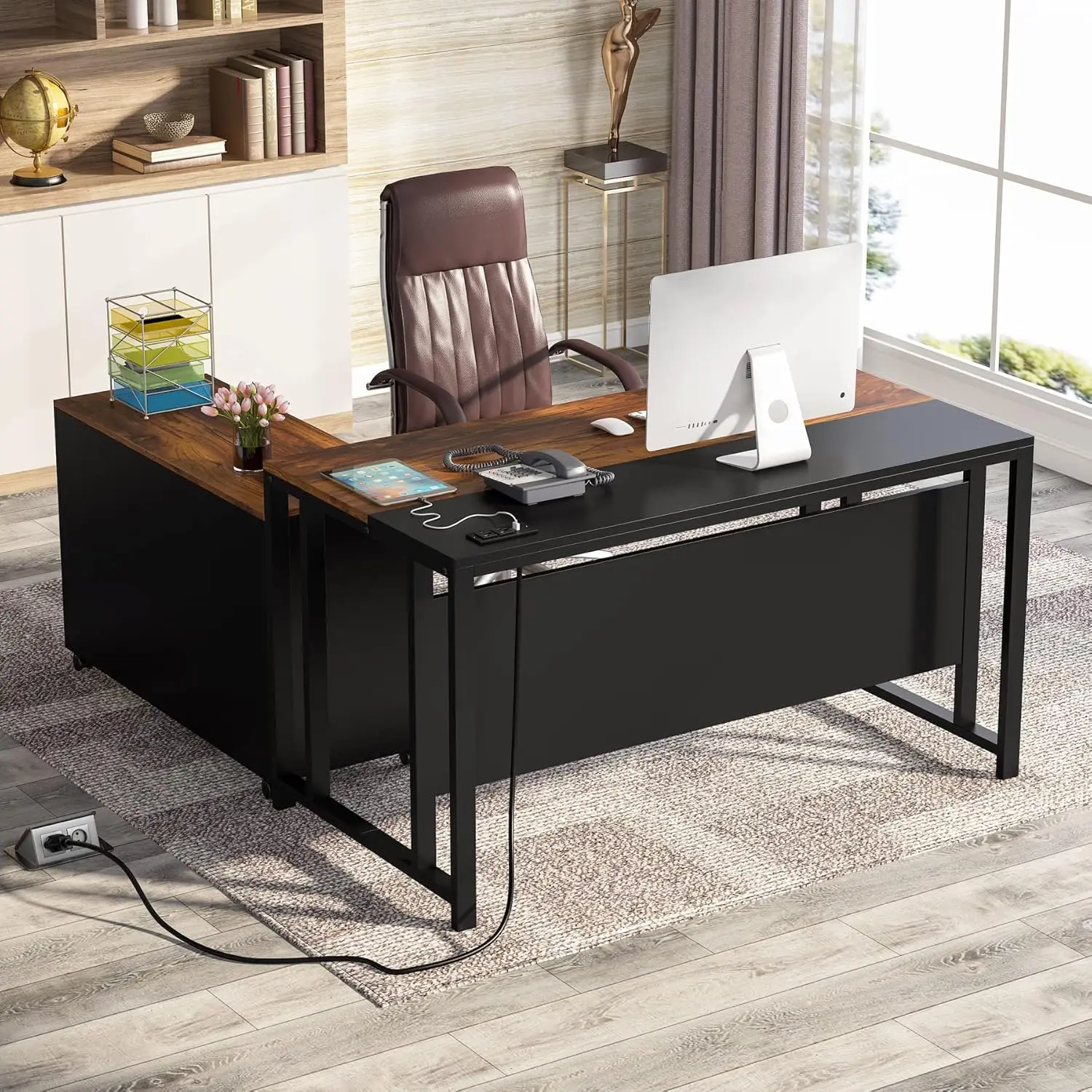 

Tribesigns L-Shaped Computer Desk with Power Outlet and Drawer Cabinet, 55 inch Large Executive Office Desk Business Furniture