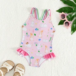 Summer Quick-Drying Ruffle Child Kids Vacation Beach Clothes Swimsuit Rabbit Print Stretchy Beach Girls Kids 1-piece Swimwear