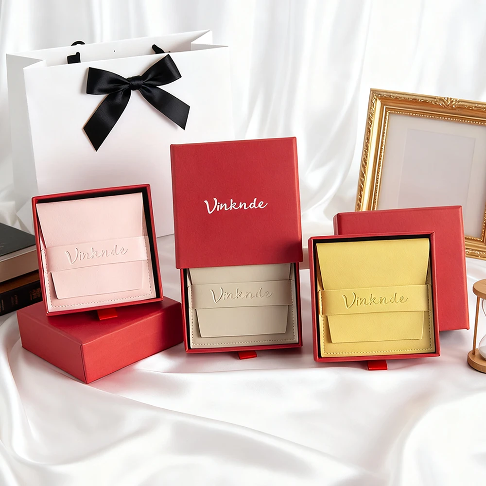 

24 шт., красный картон, роскошный подарочный ящик, бумажная коробка для серег, колец, ожерелья, дорожная упаковка, раздвижные коробки для ювелирных изделий с полиуретановыми пакетами
