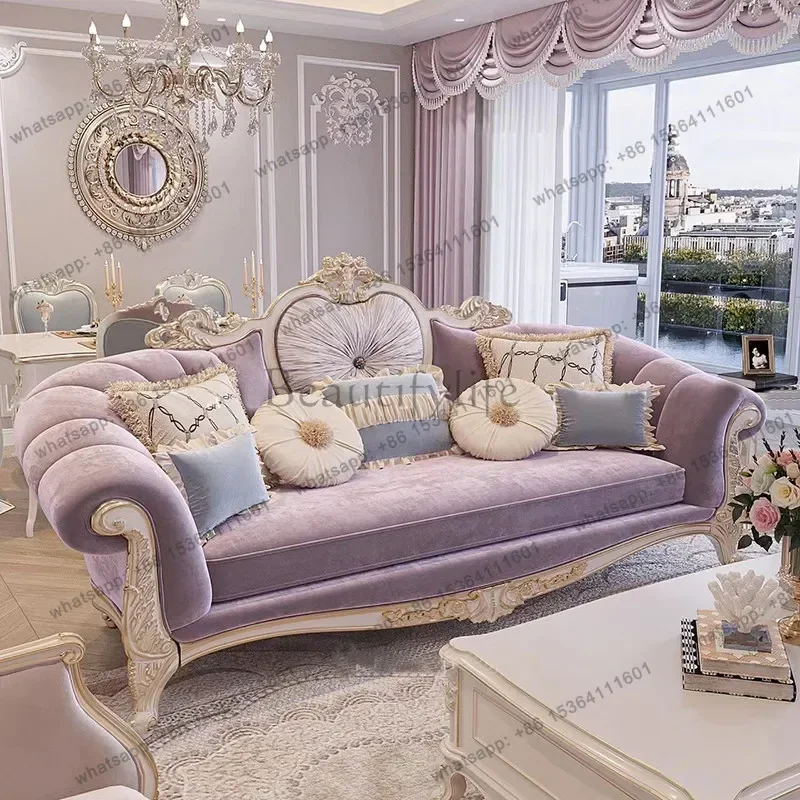 

yj7 FGFrench sofa light luxury court style solid wood carving flower living room European luxury three-person fabric sofa