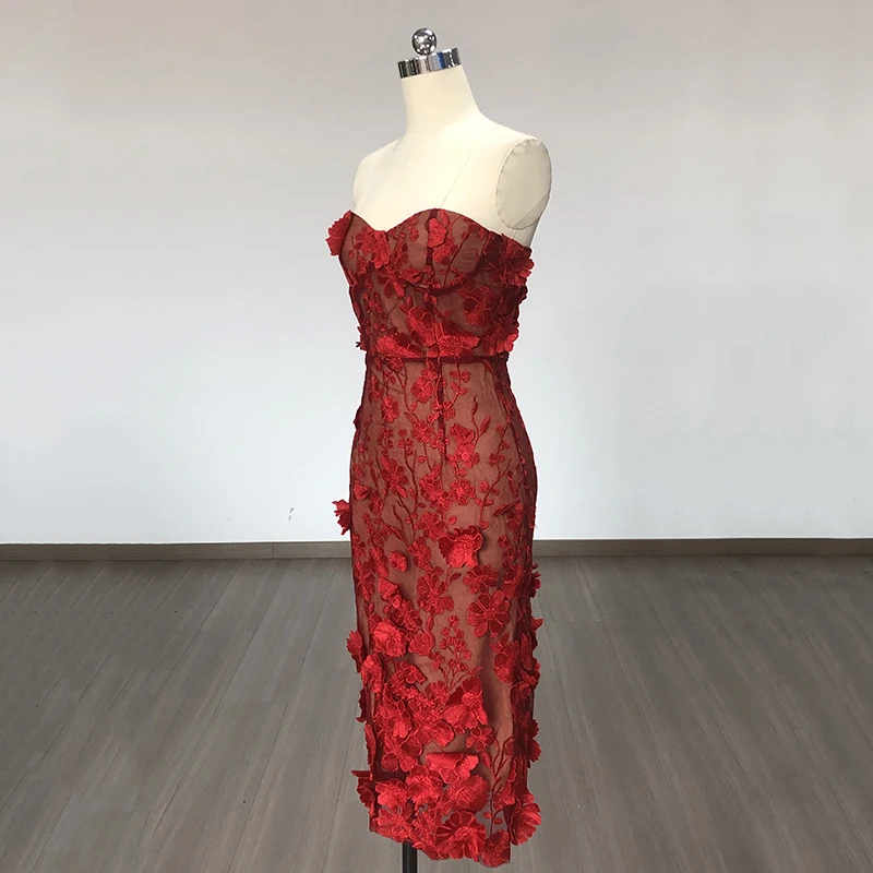 Europe And The United States Sexy Red Breast Wrap Embroidery Three-Dimensional Flower Decoration Package Hip One-Step Dress