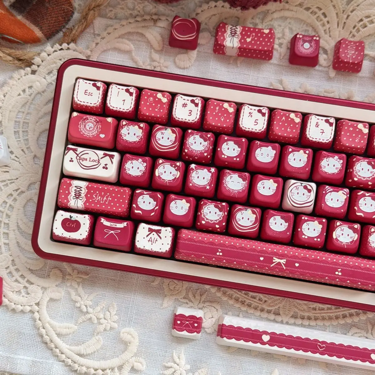 Sanrio Hello Kitty Retro Red Velvet Pbt Keycaps, 129 Keys Custom Keycaps, Compatible with 61-108 Keys Mechanical Gaming Keyboard view 3