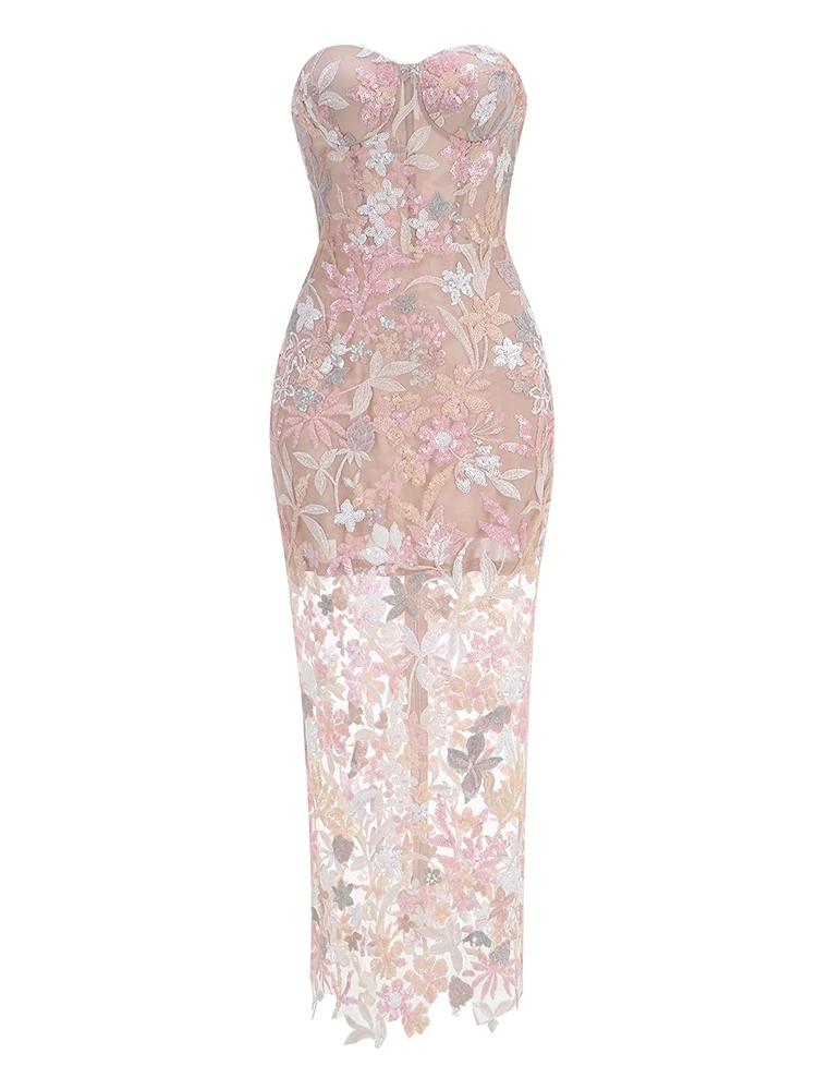 Sexy Strapless Embroidery Floral Sequin Long Dress Women Luxury Sequins  Flower Backless Slim Dress Evening Party Cocktail Gowns - AliExpress  200000345
