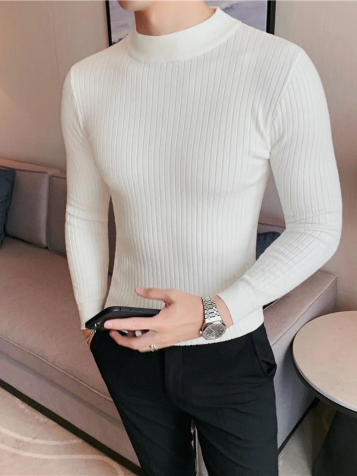 슬림핏 하프 하이 칼라 니트웨어 남성용 봄 가을 단색 기본 셔츠 한국 패션 스타일 긴팔 스웨터