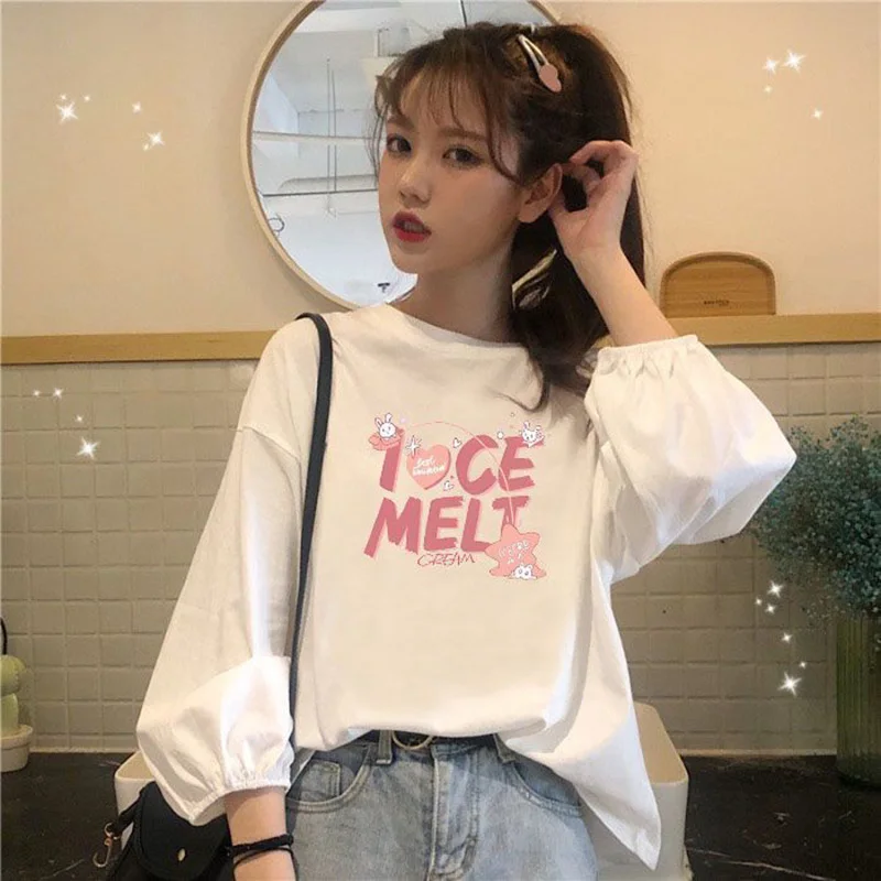 

Fashion Printed Letter Lantern Sleeve T-Shirt Female Clothing 2023 Autumn Winter New Oversized Casual Tops All-match Tee Shirt