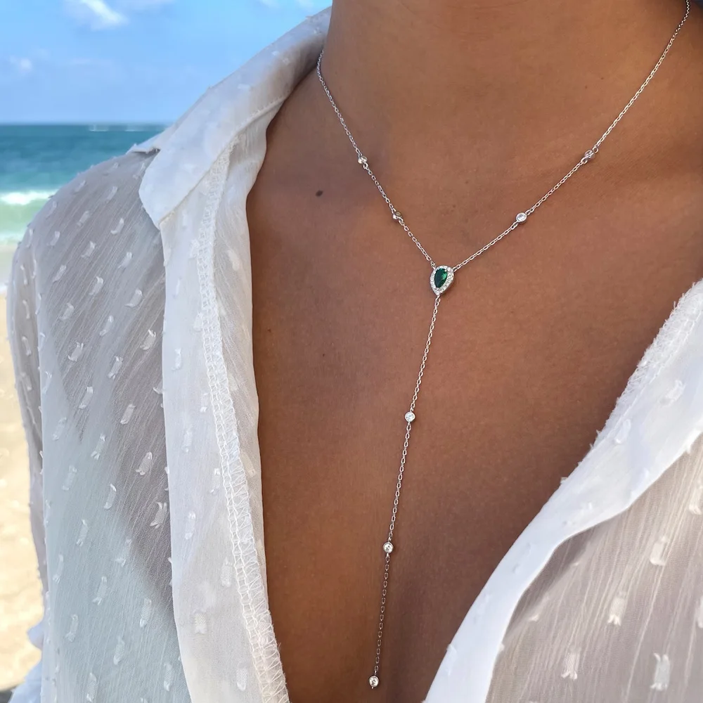 Stonefans Emerald Green Teardrop Lariat Y Drop Necklace for Women Minimalism Metal Chain Tassel Pendant Choker Clavicle Necklace