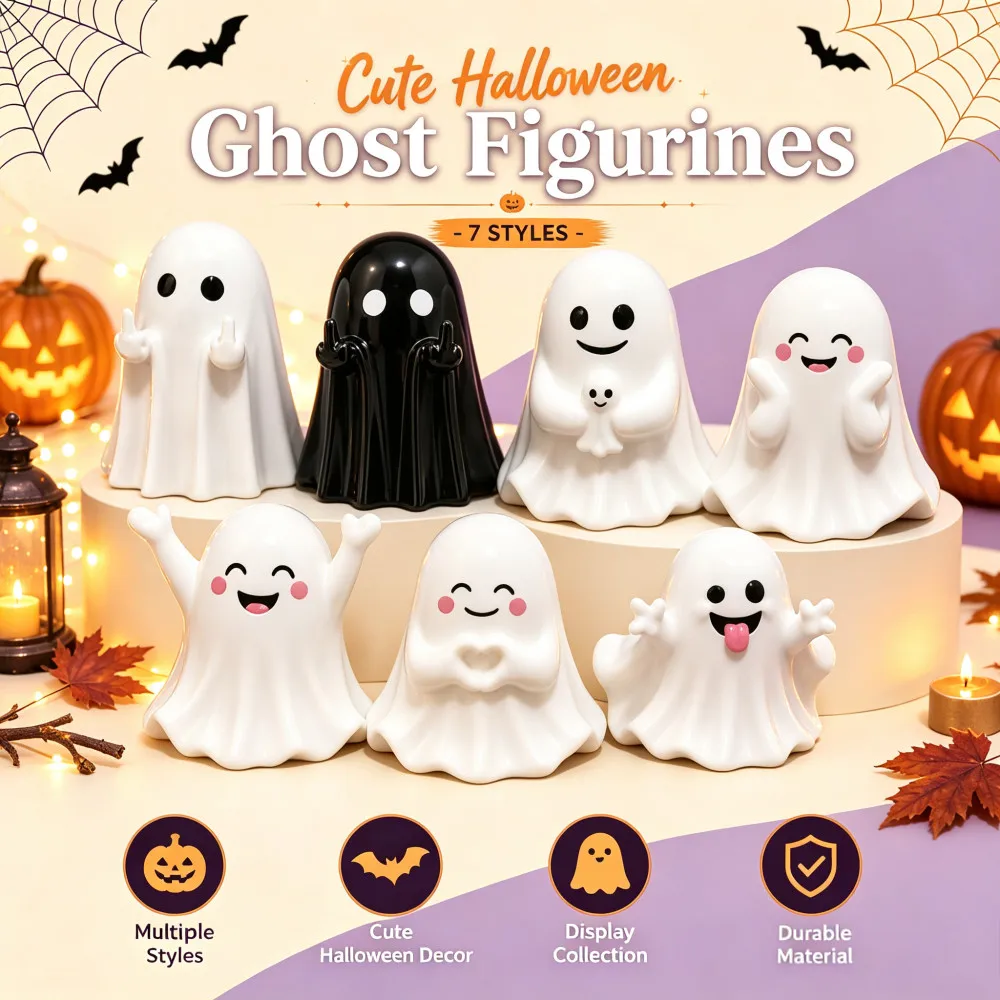 Niedliche Halloween-Geisterfiguren, Lustige Gesichts-Miniaturstatue für den Schreibtisch, Dekoration für Zuhause, Regal, Auto, Tisch, Geschenk für Feiertagspartys – Detail 4