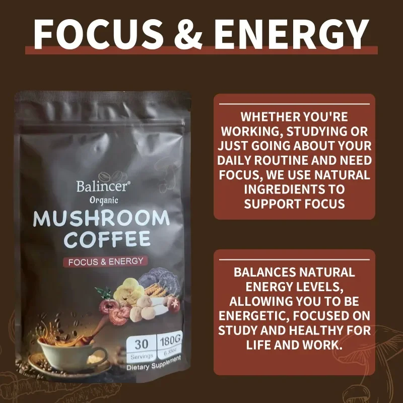 Organic Mushroom Coffee - LION\'S MANE, Shiitake, Cordyceps, Supports Immune, Focus, Concentration, Stress, Digestion & Energy