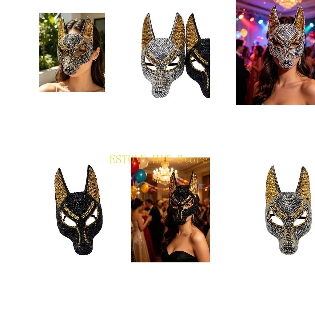 49MF Anubis Mask Rhinestones Masquerade Mask Halloween Cosplay Costume Egyptian God of Death Costume Accessory Photo Props