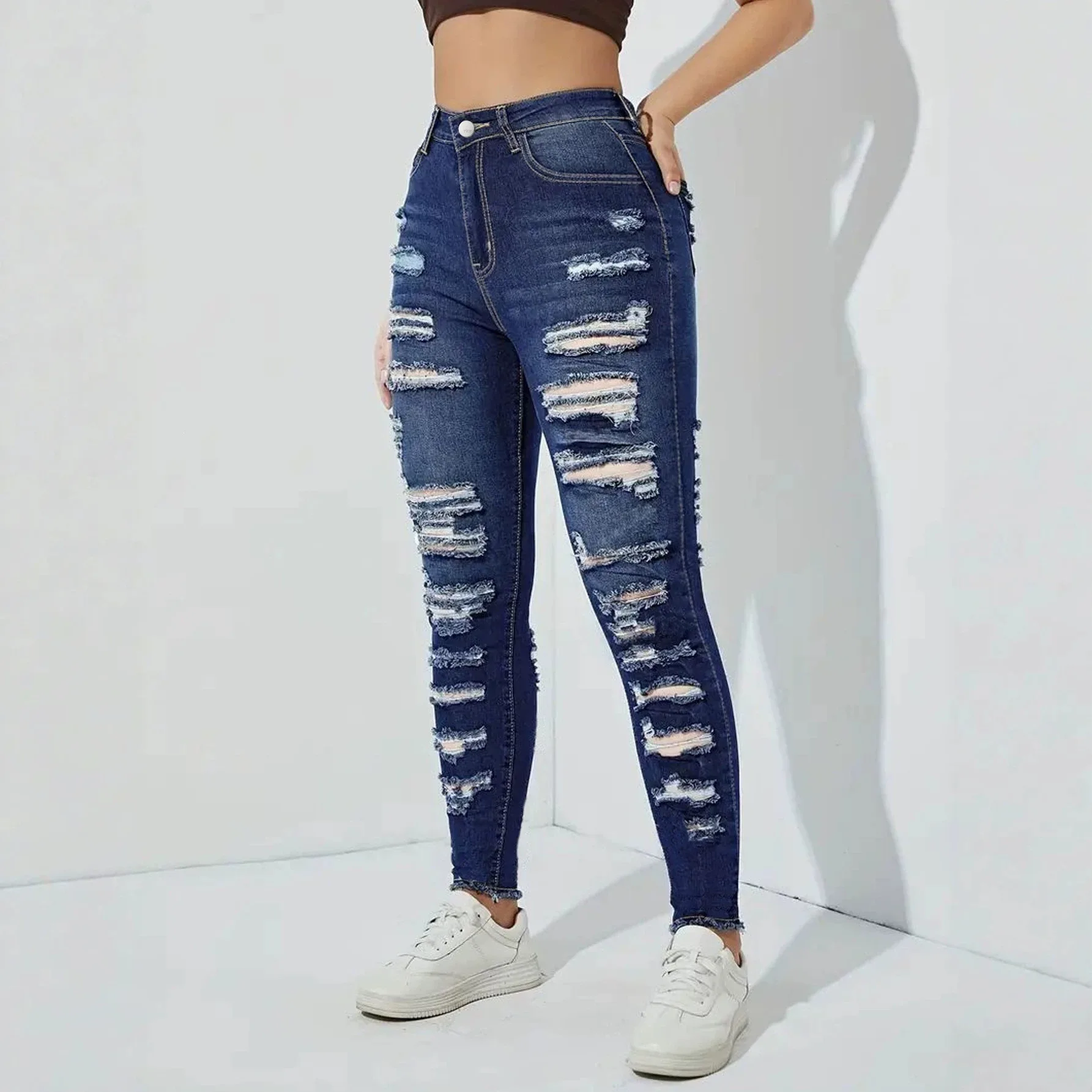 Women's Distressed Multi Ripped Skinny Jeans New 2026 Spring Autumn Female Denim Pants Casual Frayed Hem Stretch Slim Fit Jeans