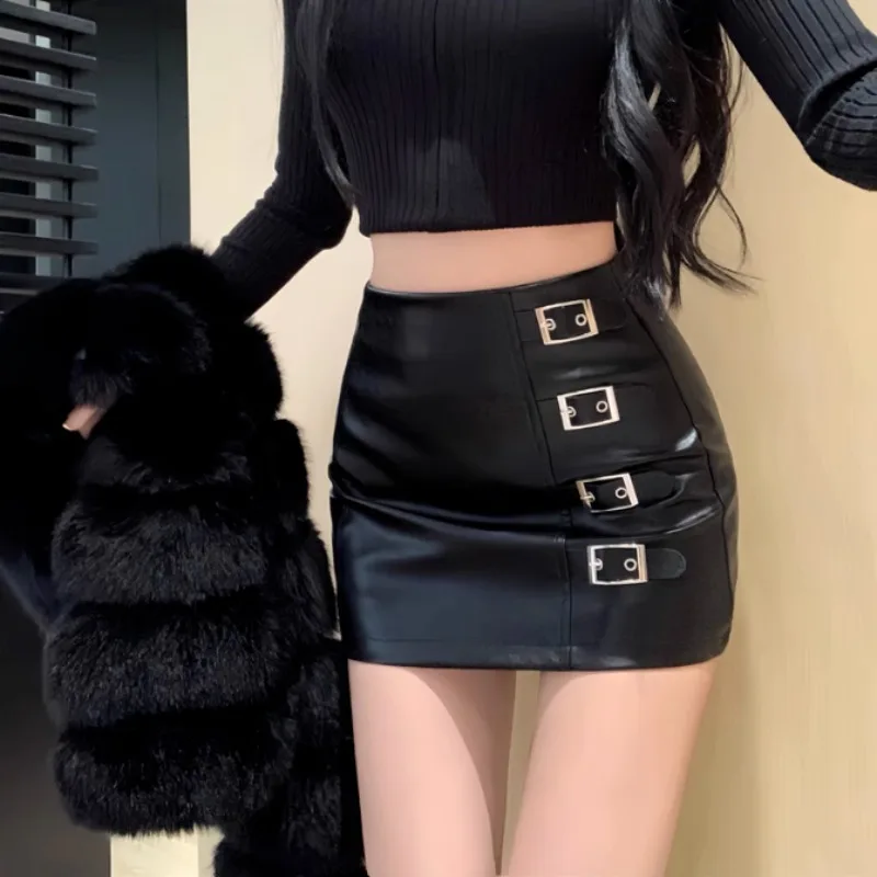 Black PU Leather Skirt Women Sexy Tight High Waist Slim A Word Hip Skirt