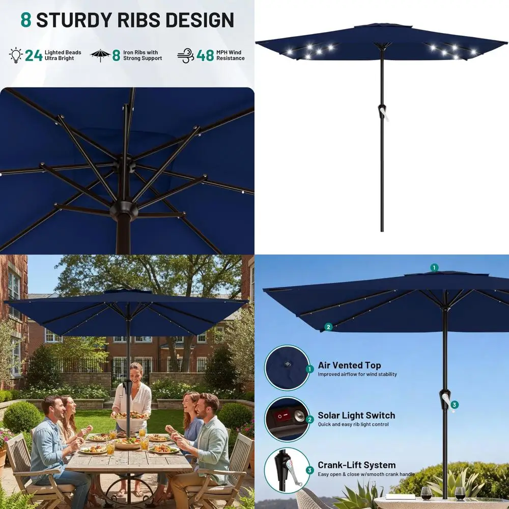 10' Navy Outdoor Patio Umbrella with LED Lights, Crank Lifting, Ideal for Deck, Garden, Backyard, Pool, Beach