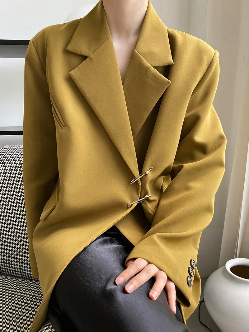 2024 Spring Women Vintage Pins Design Blazer Korean Fashion Suit Coats Office Lady Formal Workwear Advanced Clothing