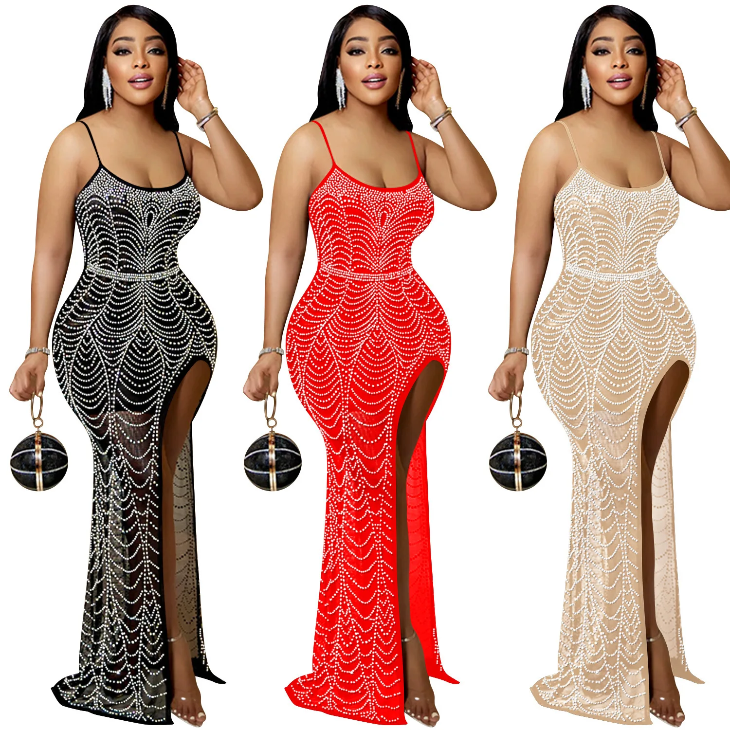 C5730 Abito da donna lungo con diamanti caldi irregolari con fionda in tinta unita di nuova moda