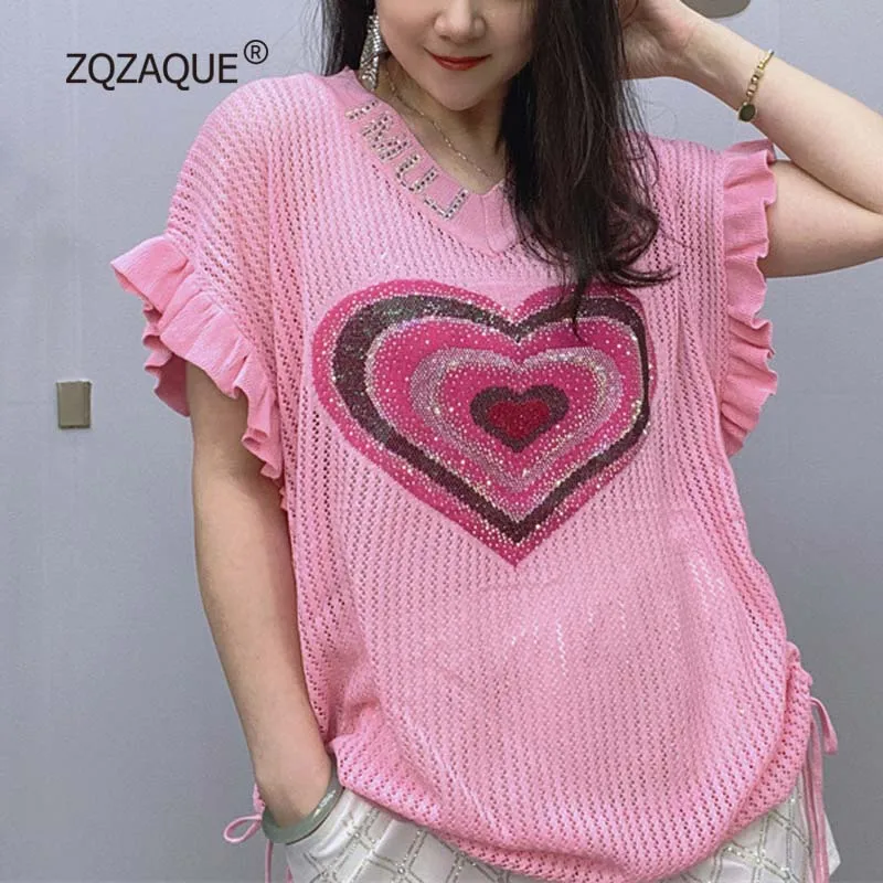 Women's V-Neck Loose T-shirt Heart Shape Diamonds Drill High Quality Short Sleeve Hollow Out Tops Female Oversized Clothing S007