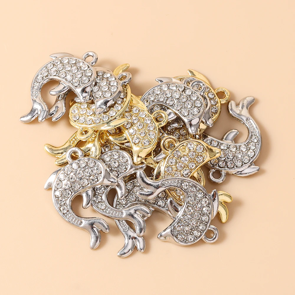 Leslie 10 Stück 18*25mm Gold Silber Farbe Klare Kristall-Delfin-Anhänger für Niedliche Charm-Ohrringe Halskette Handgemachter Schmuck – Detail 1