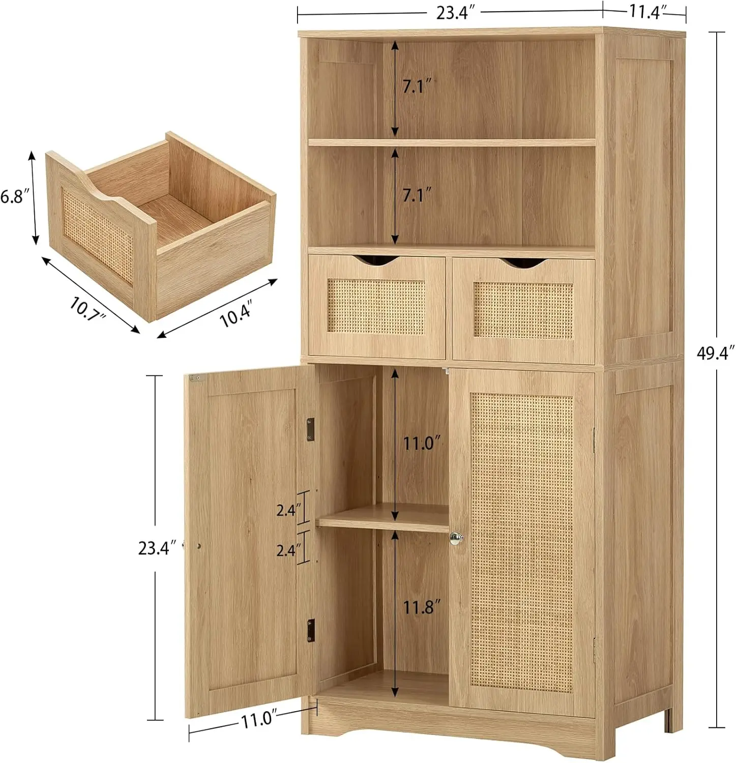 خزانة تخزين طويلة، خزانة الروطان مع درجين ورف قابل للتعديل، كابينة تخزين مخزن المطبخ، خزانة المدخل لـ Li #3