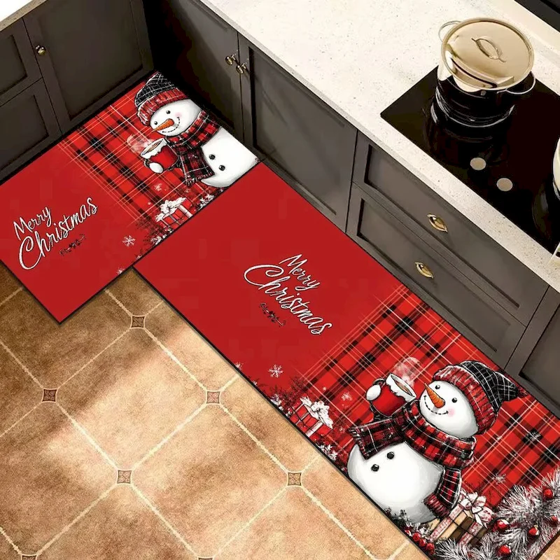 VIKAMA Snowman Cocoa Red Anti Fatigue Non Slip Washable Absorbent Waterproof Kitchen Floor Mat Xmas Winter Mat Home Decoration