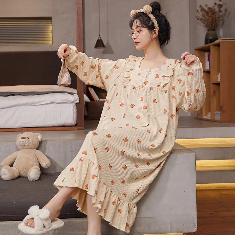 

New Spring and Autumn Women's Pajamas Soft Cotton Sweet Home Wear Long Sleeve Cartoon Nightdress Plus-size Loose Sleepwear Cute