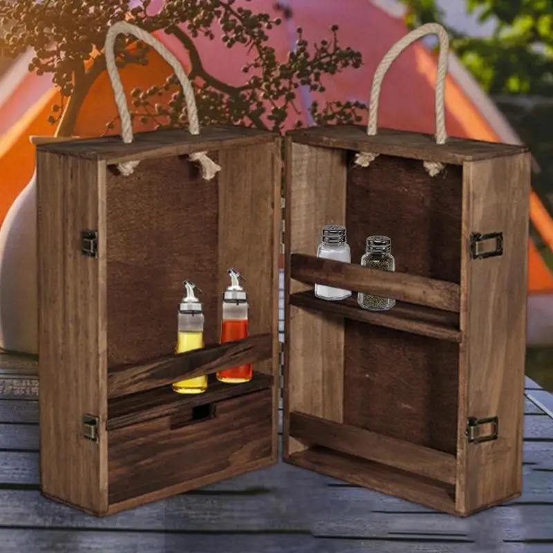 Camping Multilayered Wooden Seasoning Cabinet Spice Storage Bins Portable BBQ Spice Shaker Container Holder Outdoor Tool