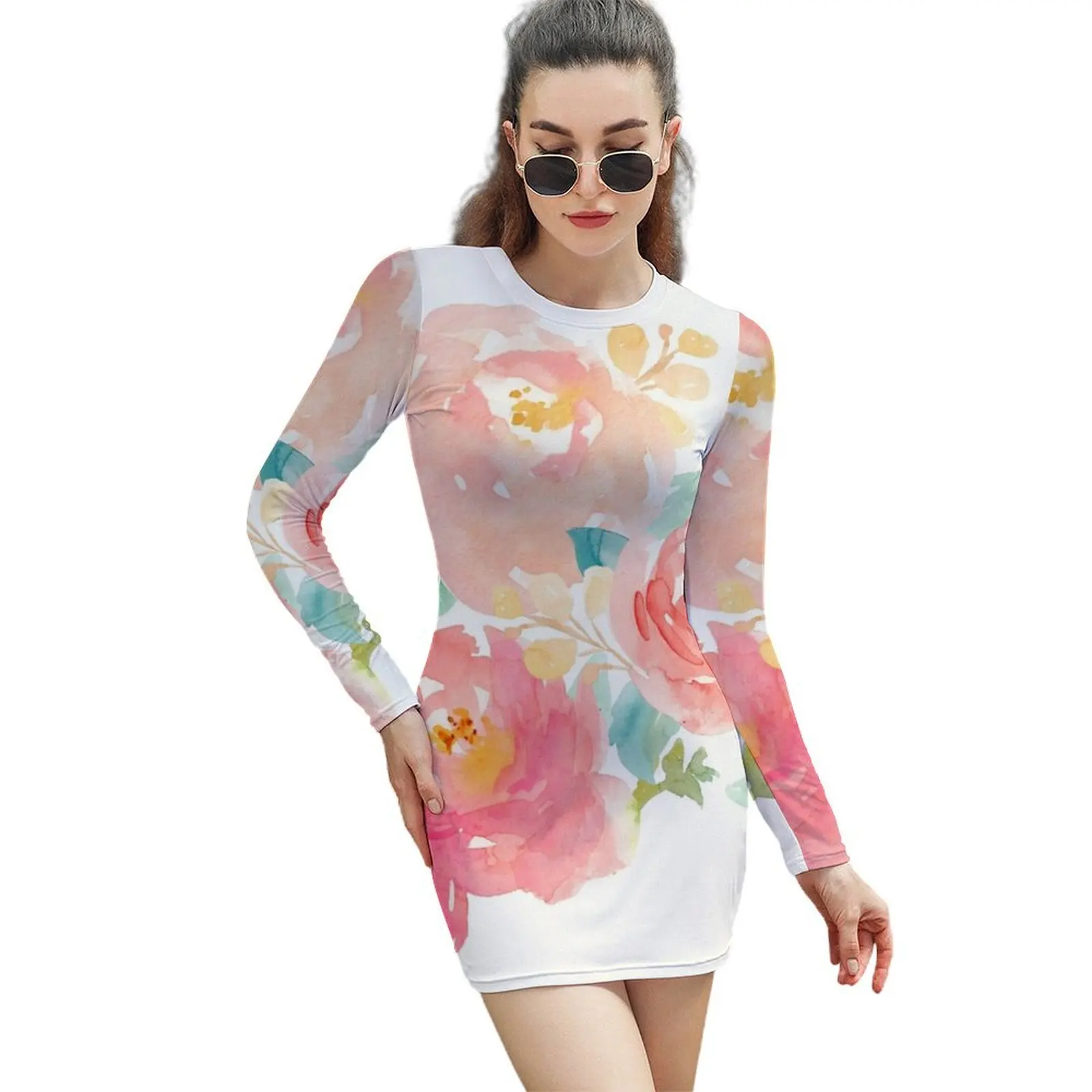 

Peonies Watercolor Bouquet Long-Sleeved Sheath Dress Dresses for wedding party women evening dress